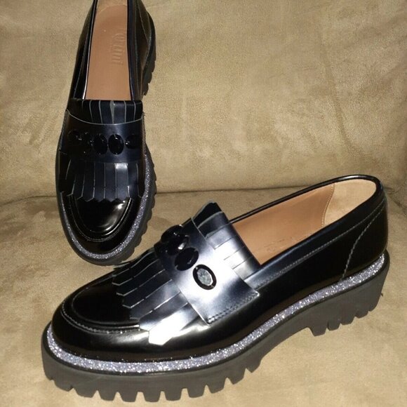 PERTINI-Black Leather Kilties Jeweled Loafers-Lightweight-Size 38/7.5-Excellent - Picture 1 of 7